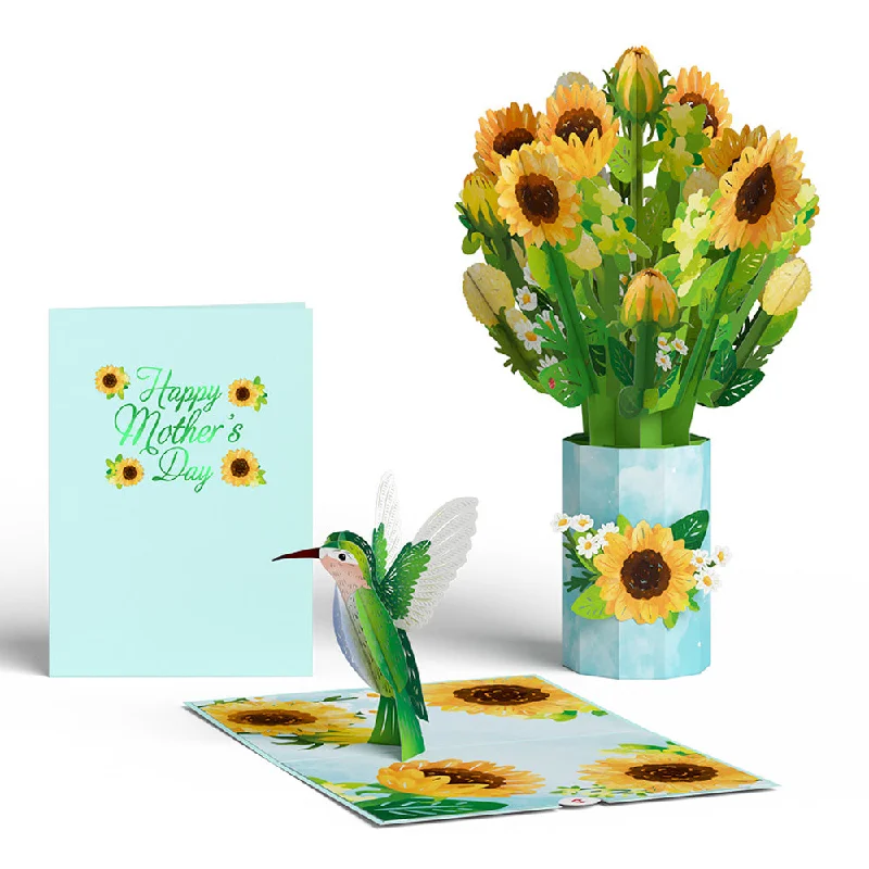 Mother's Day Sunflower Hummingbird Pop-Up Card & Bouquet Bundle