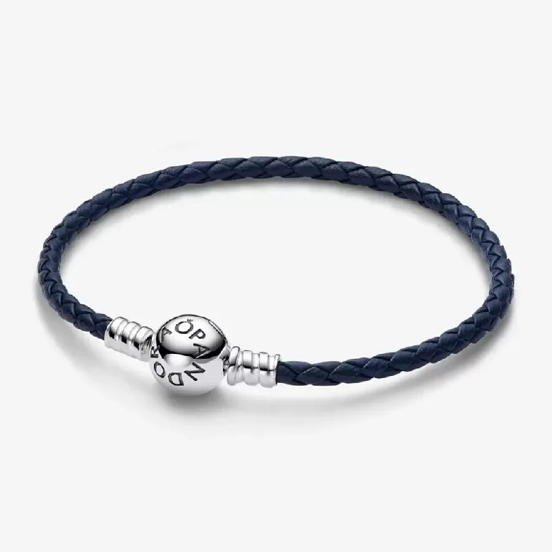 PANDORA : Pandora Moments Round Clasp Blue Braided Leather Bracelet