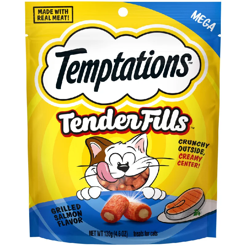    - High-fiber cat food  TEMPTATIONS TENDER FILLS Cat Treats, Grilled Salmon Flavor, 4.6 oz. Pouch