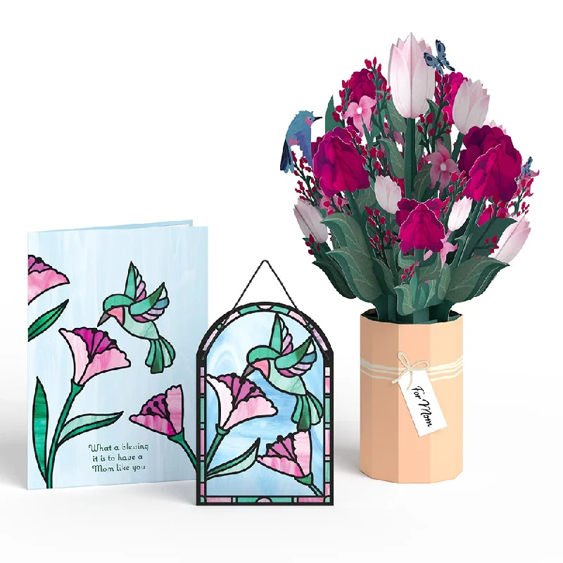 Blessing to Have a Mom Like You Hummingbird Suncatcher Card & Bouquet Bundle