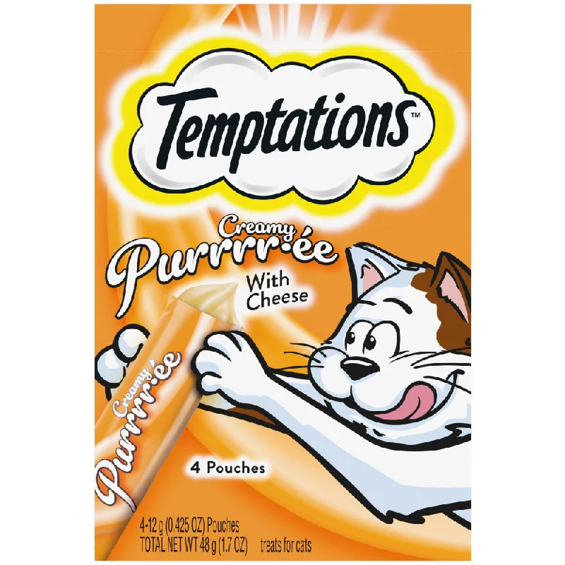    - Cat food for multi-cat households  TEMPTATIONS Creamy Puree with Cheese Lickable Cat Treats, 4-Pack