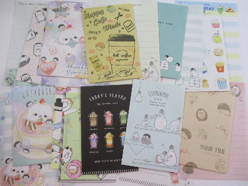 Cute Kawaii 10 Food Drink Penguin Hedgehog MINI Letter Paper + Envelope Theme Set