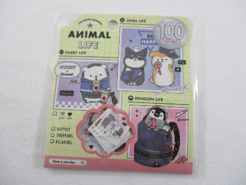 Cute Kawaii Kamio Dog Hedgehog and Penguin Flake Stickers Sack - for Journal Planner Craft Scrapbook Agenda