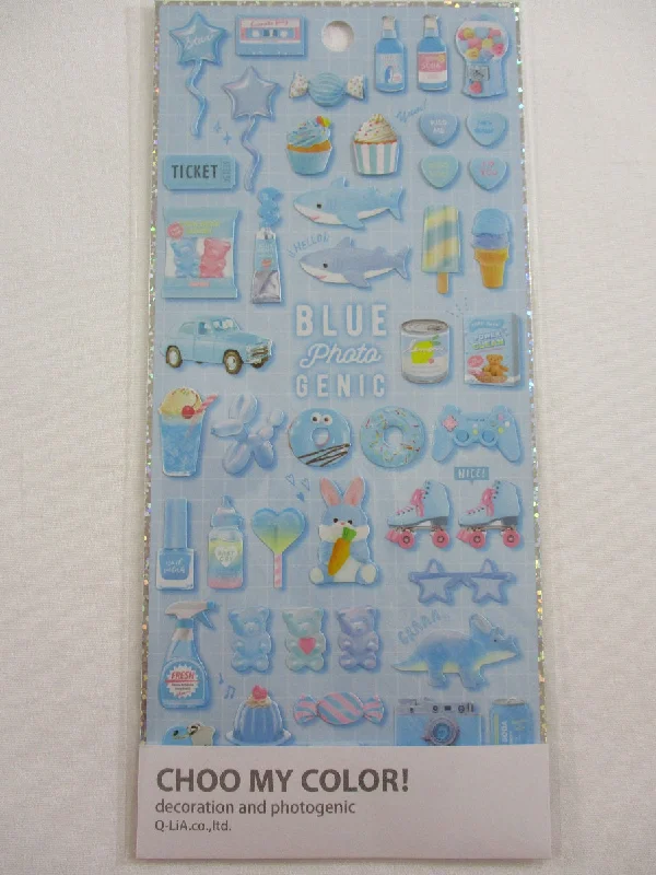 Cute Kawaii Q-Lia Photo Genic - Blue - Cupcake Candies Ice Cream Shark Rabbit Game Sticker Sheet - for Journal Planner Craft