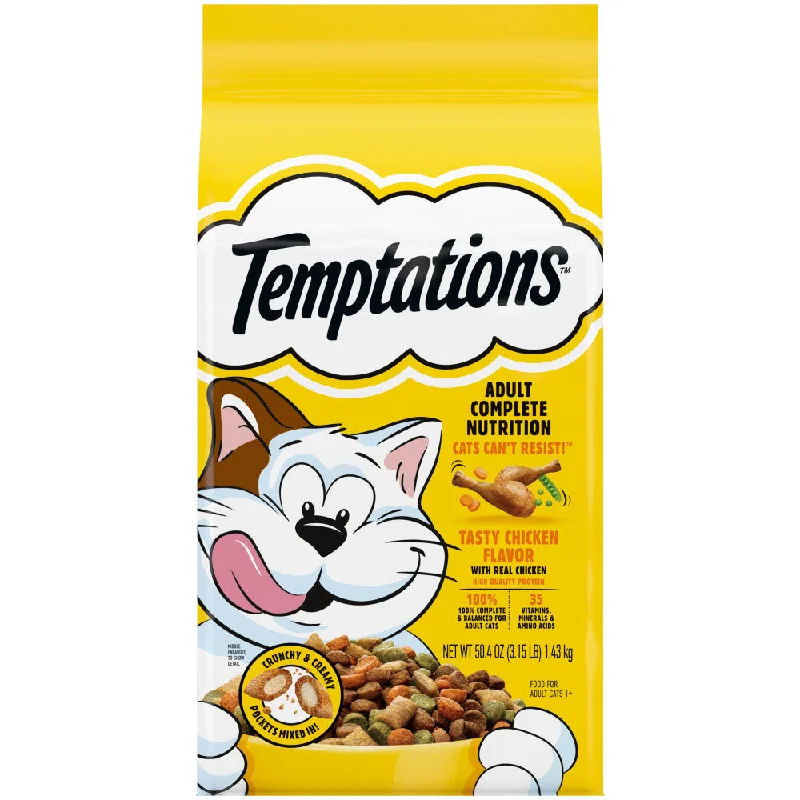    - Cat food for spayed/neutered cats  TEMPTATIONS Adult Dry Cat Food, Tasty Chicken Flavor, 3.15 lb. Bag